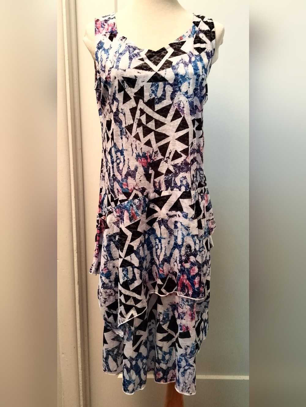 Abstract Print Sleeveless Women’s Dress - White, Blue & Black, Size S